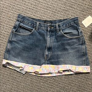 Denim Skirt with Floral Hem